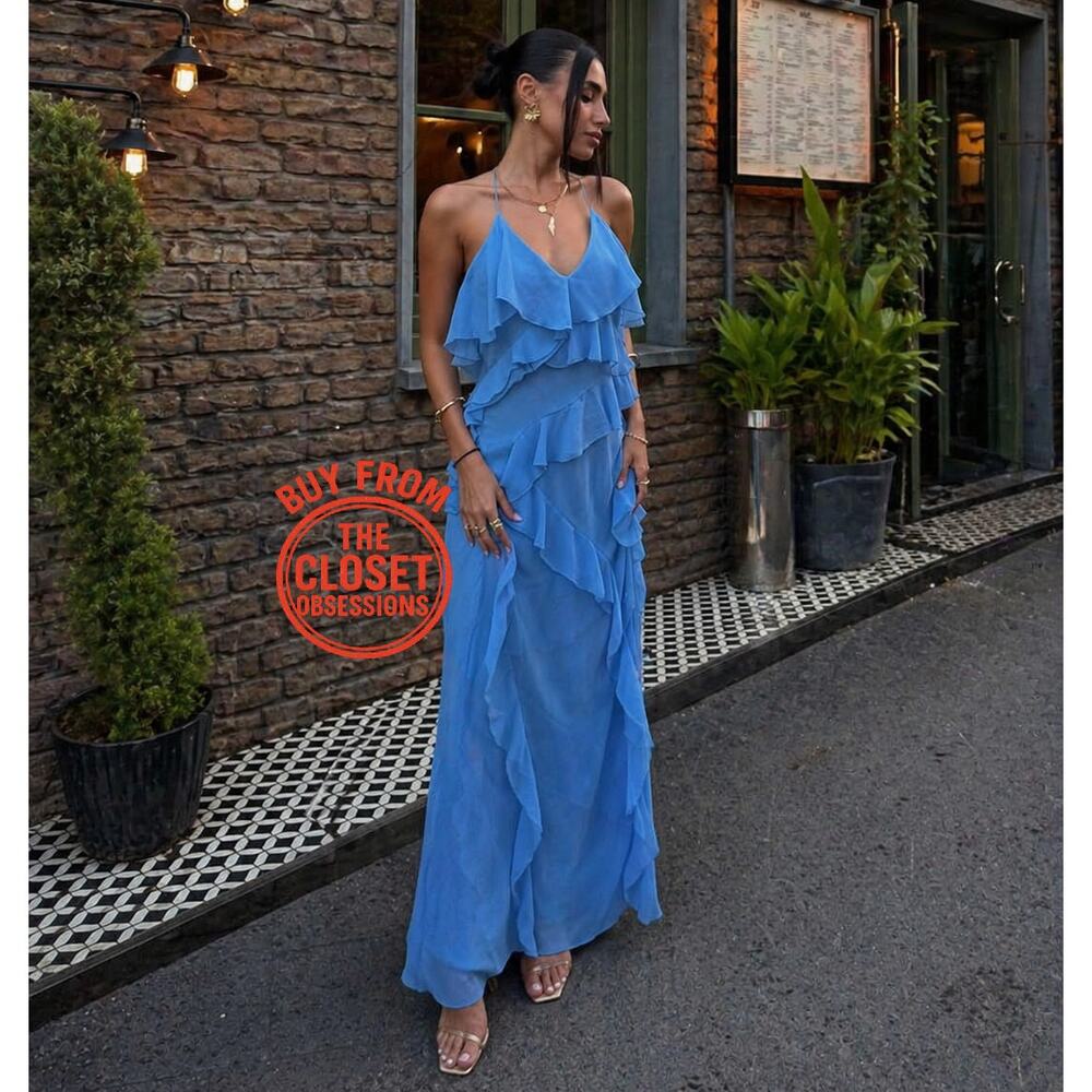 Zara Blue Ruffle Tiered Maxi Dress Strappy V-Neck Flowy Wedding Guest Size M L - Picture 4 of 16